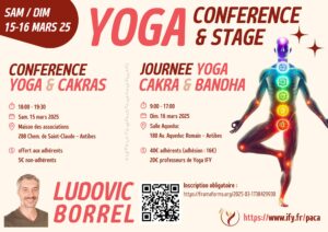 Affiche du stage (conférence et journée de pratique) sur les chakra-s et bandha-s à Antibes